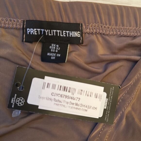 PrettyLittleThings Slinky Ruched Wrap Over Mini Skirt Taupe SZ 0 NWT IN PKG - Picture 7 of 8